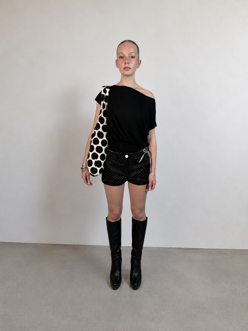 Polka dot buckle shorts, black and white. Upcycling collection, S