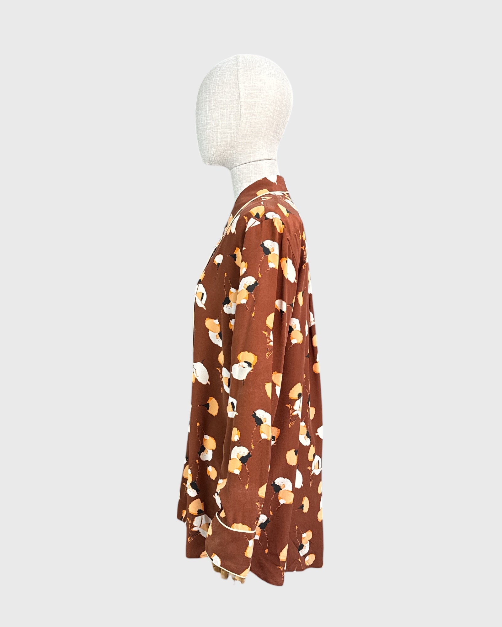 100% silk printed blouse, brown/orange/white, Equipment, L